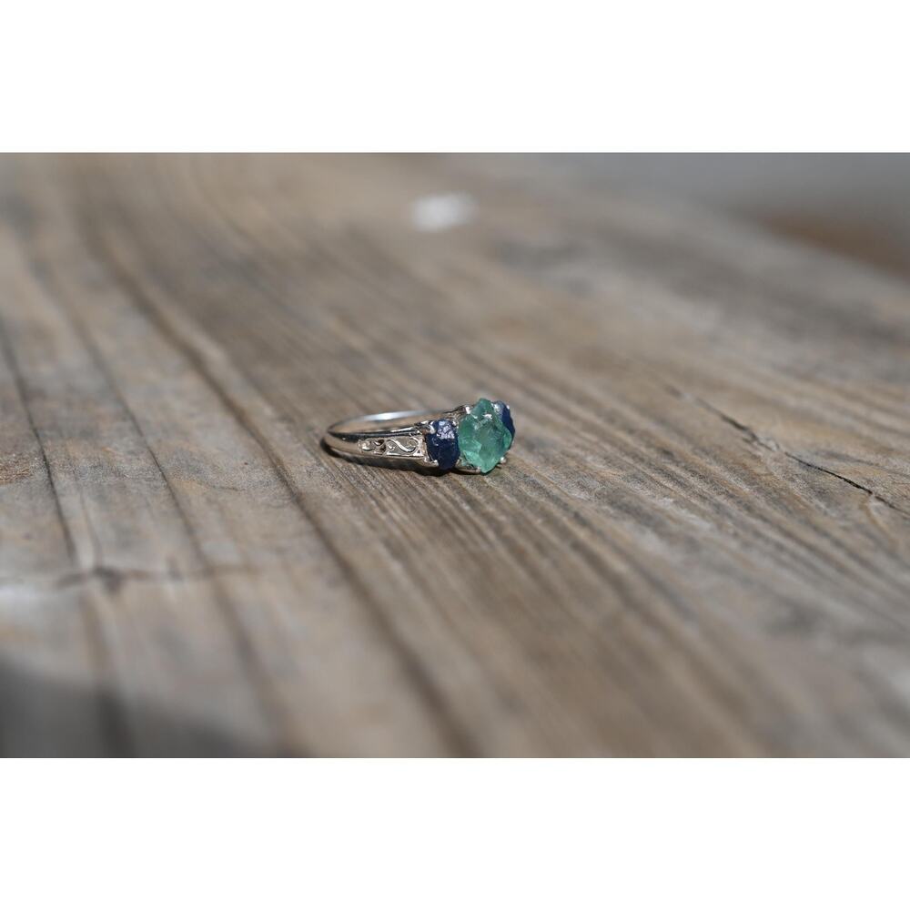 Engagement ring Aquamarine and Burmese Sapphire set size 3 4 5 6 7 8 9 10 11 12 - Picture 4 of 6